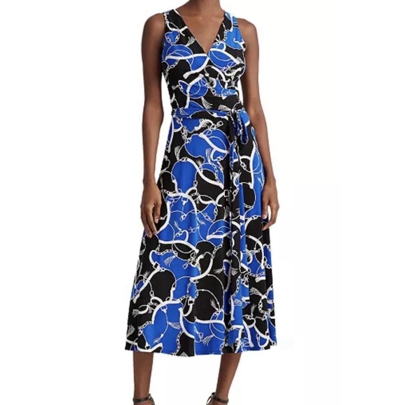 Lauren Ralph Lauren Dresses & Skirts - Lauren Ralph Lauren Blue Black Equestrian Chain Print Faux Wrap Dress Size 16